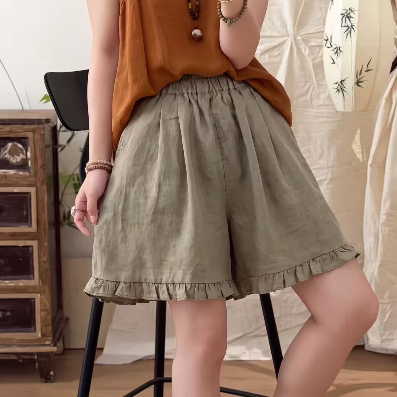 캐주얼 여름 새로운 면 린넨 반바지 여성 레트로 무거운 작업 프릴 레이스업 허리밴드 와이드 레그 팬츠 캐주얼 반바지 상세 이미지 4