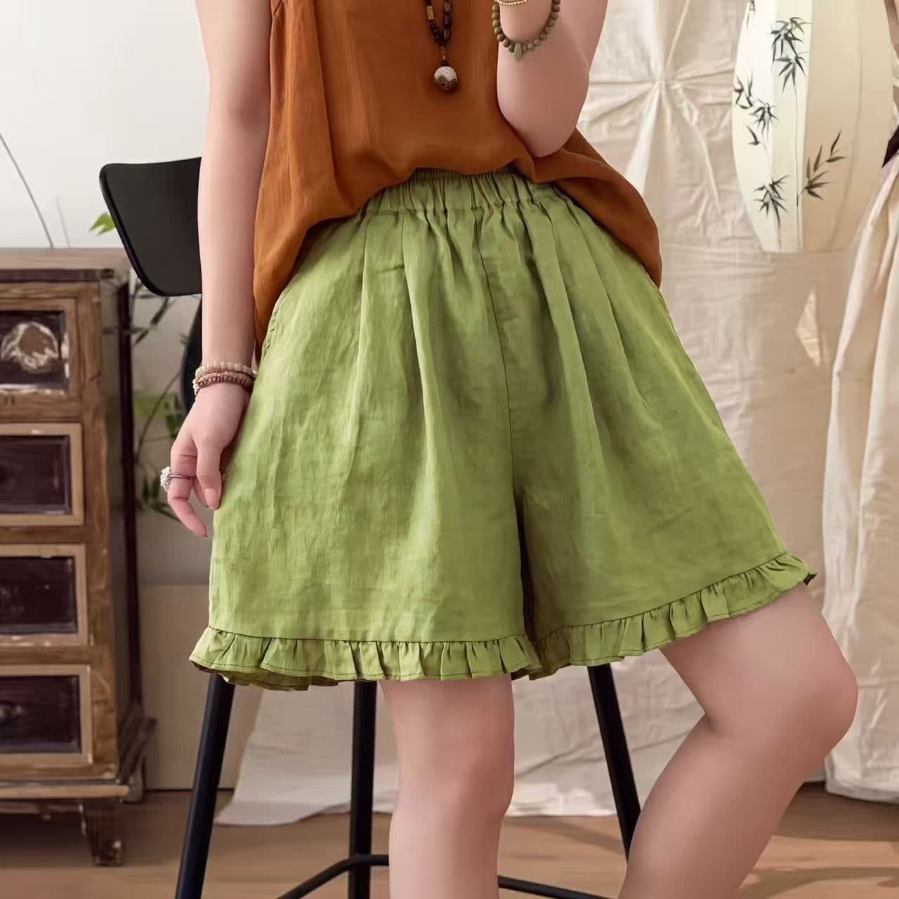 캐주얼 여름 새로운 면 린넨 반바지 여성 레트로 무거운 작업 프릴 레이스업 허리밴드 와이드 레그 팬츠 캐주얼 반바지 상세 이미지 5