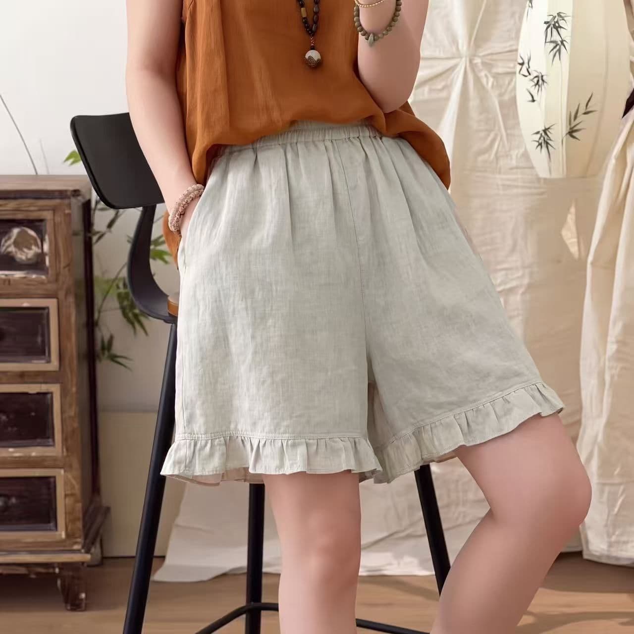 캐주얼 여름 새로운 면 린넨 반바지 여성 레트로 무거운 작업 프릴 레이스업 허리밴드 와이드 레그 팬츠 캐주얼 반바지 상세 이미지 6