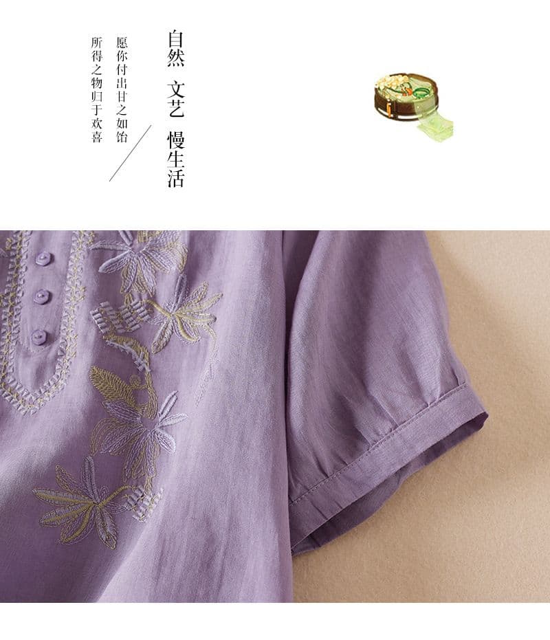 여름 새로운 V넥 문예 팬 표지 고기 슬림해 보이는 풀오버 티셔츠 여성 의류 무거운 작업 자수 면 린넨 반팔 맨위 상세 이미지 18