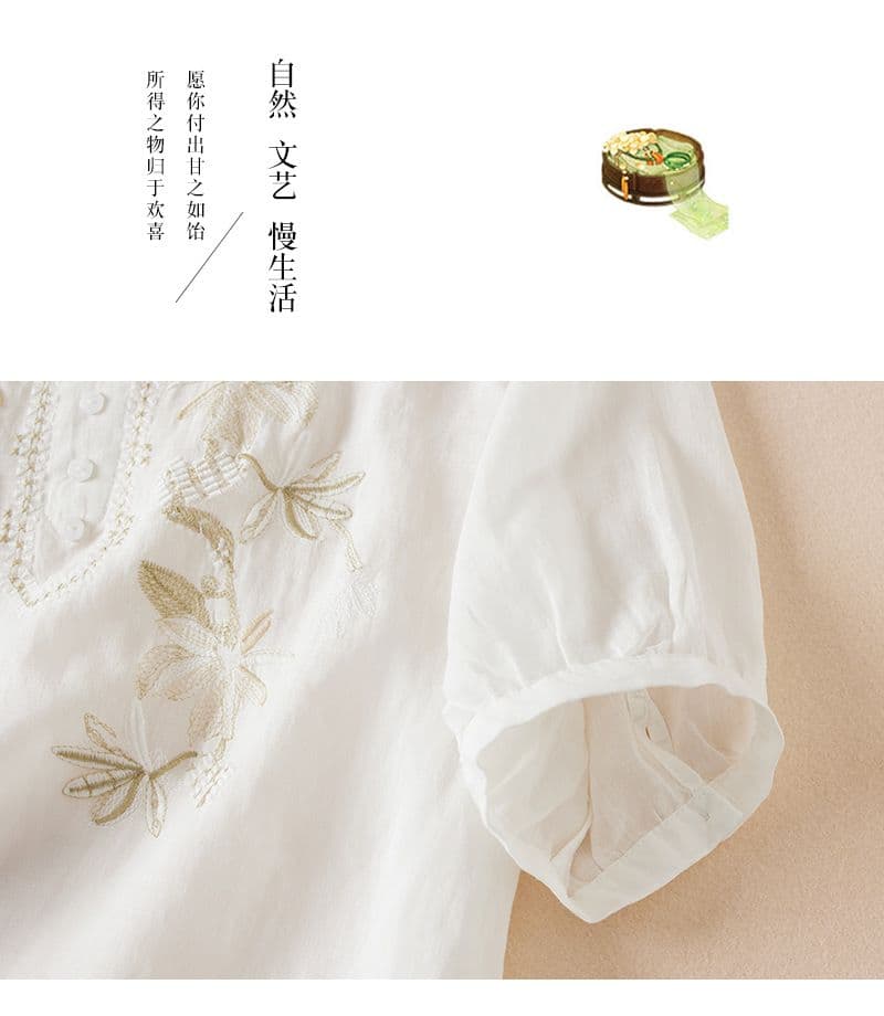 여름 새로운 V넥 문예 팬 표지 고기 슬림해 보이는 풀오버 티셔츠 여성 의류 무거운 작업 자수 면 린넨 반팔 맨위 상세 이미지 25