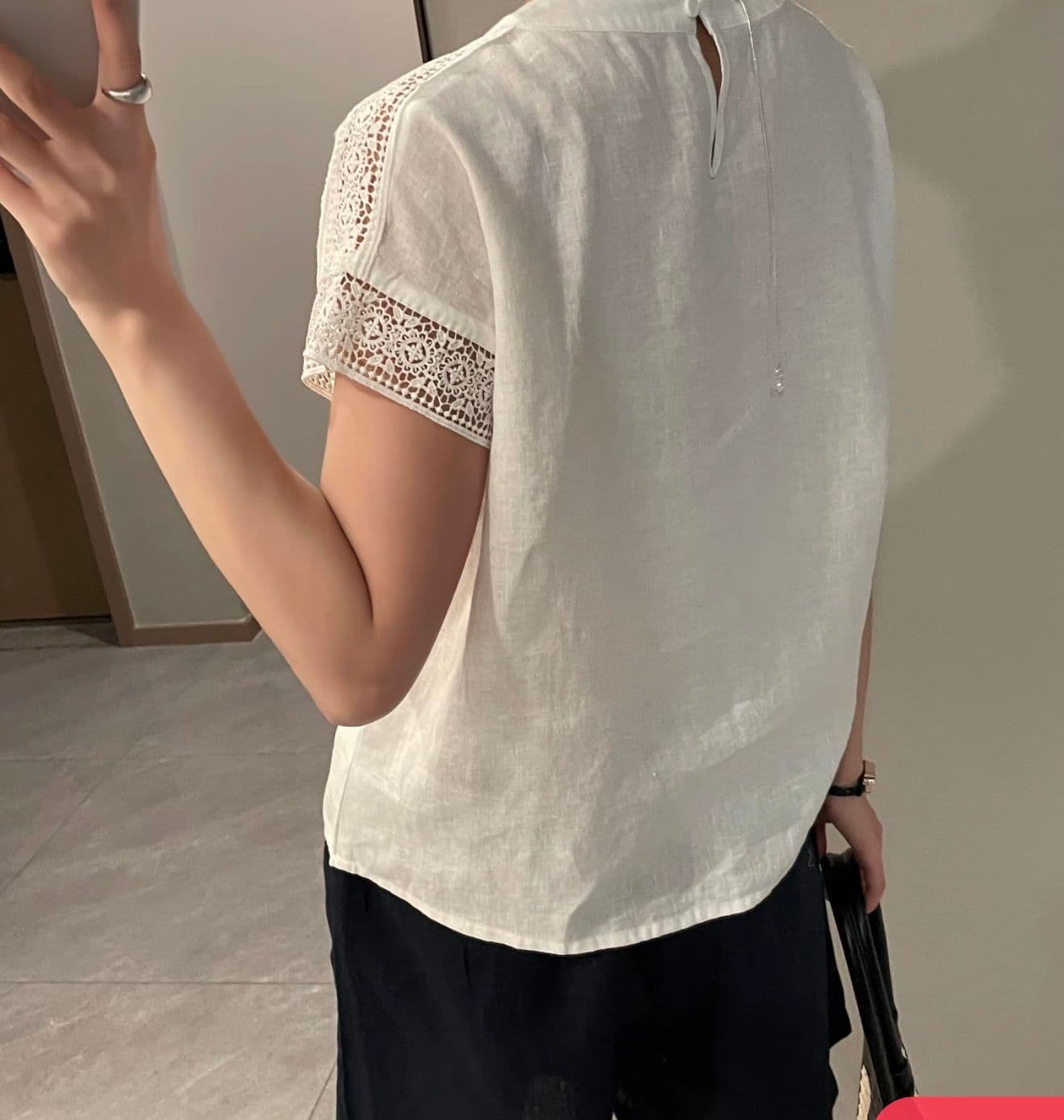 면 린넨 스탠드 칼라 레이스 단색 중간 소매 여성 셔츠 여름 새로운 문예 루즈핏 슬림해 보이는 다용도 셔츠 여성 상세 이미지 11
