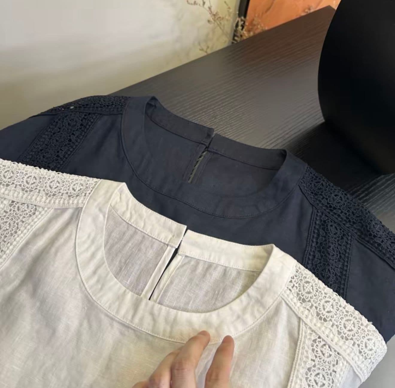 면 린넨 스탠드 칼라 레이스 단색 중간 소매 여성 셔츠 여름 새로운 문예 루즈핏 슬림해 보이는 다용도 셔츠 여성 상세 이미지 12
