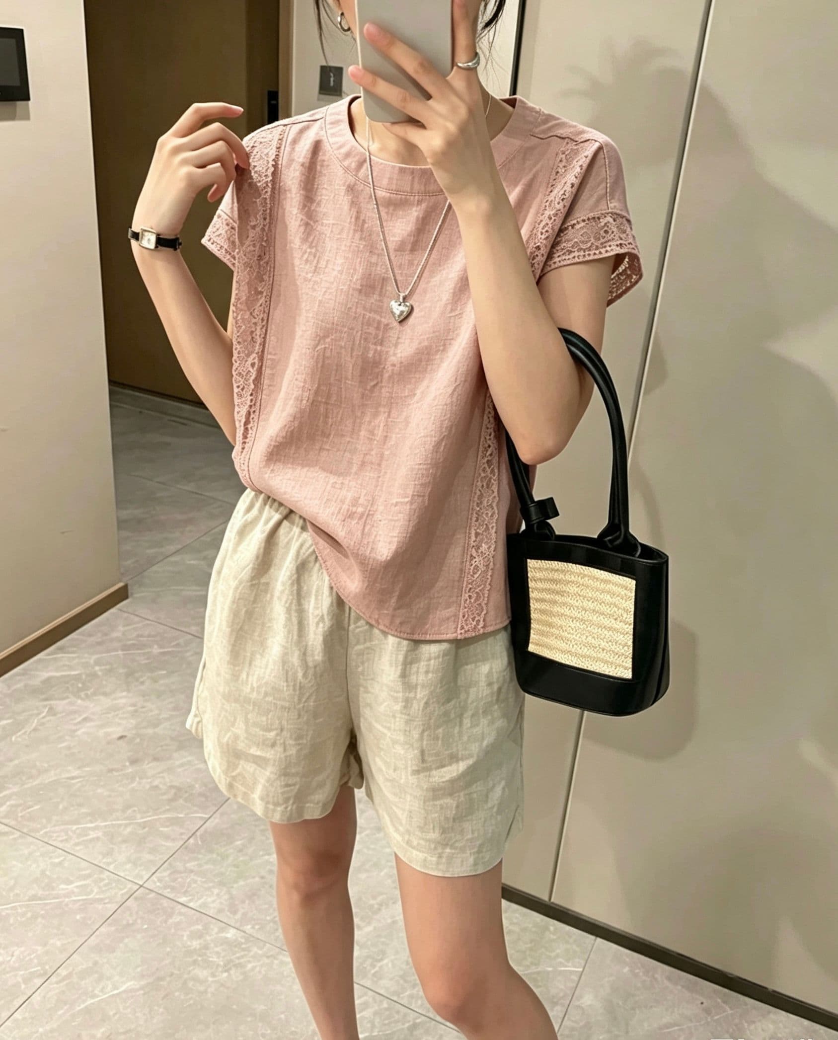 면 린넨 스탠드 칼라 레이스 단색 중간 소매 여성 셔츠 여름 새로운 문예 루즈핏 슬림해 보이는 다용도 셔츠 여성 상세 이미지 16