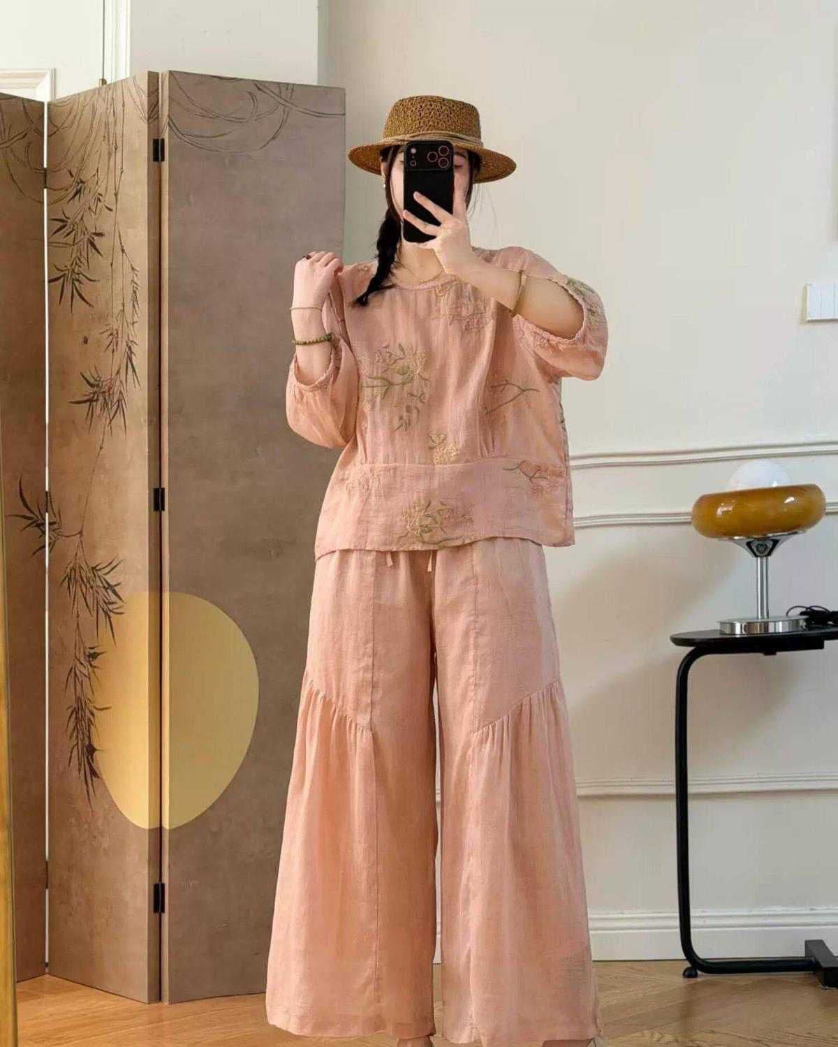 여름 사탕 색상 면 린넨 와이드 레깅스 바지 새로운 문예 루즈핏 캐주얼 배 모양 다용도 펌프 로프 패치워크 9부 바지 상세 이미지 7