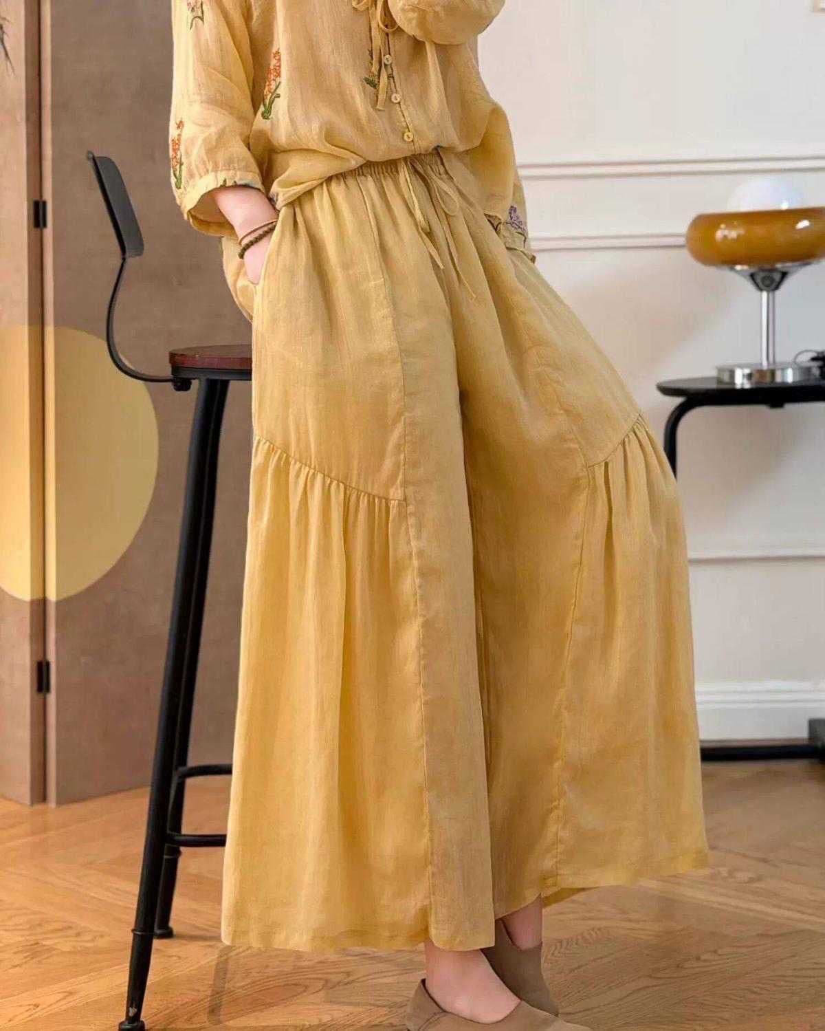 여름 사탕 색상 면 린넨 와이드 레깅스 바지 새로운 문예 루즈핏 캐주얼 배 모양 다용도 펌프 로프 패치워크 9부 바지 상세 이미지 24