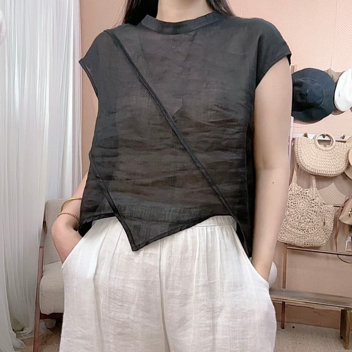 경량 비대칭 면 린넨 민소매 어깨 여름 몸매 가꾸기 외국 가스 패션 작은 청신 루즈핏 맨위 여자 상세 이미지 4