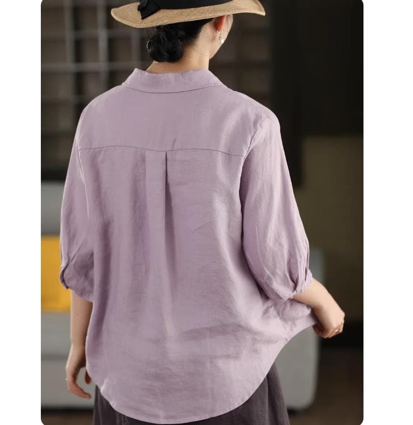 외국 가스 패션 폴로 칼라 면 린넨 반팔 여성 셔츠 여름 엄마 루즈핏 표지 배 반소매 맨위 여성 상세 이미지 6