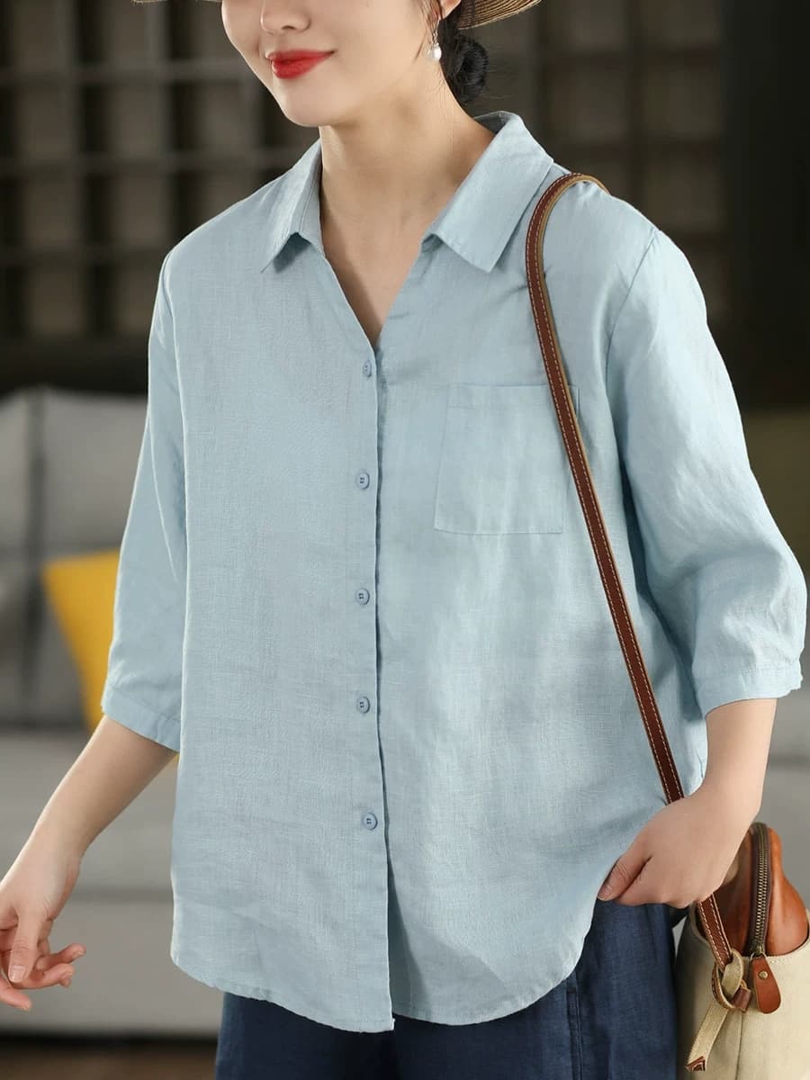 외국 가스 패션 폴로 칼라 면 린넨 반팔 여성 셔츠 여름 엄마 루즈핏 표지 배 반소매 맨위 여성 상세 이미지 8