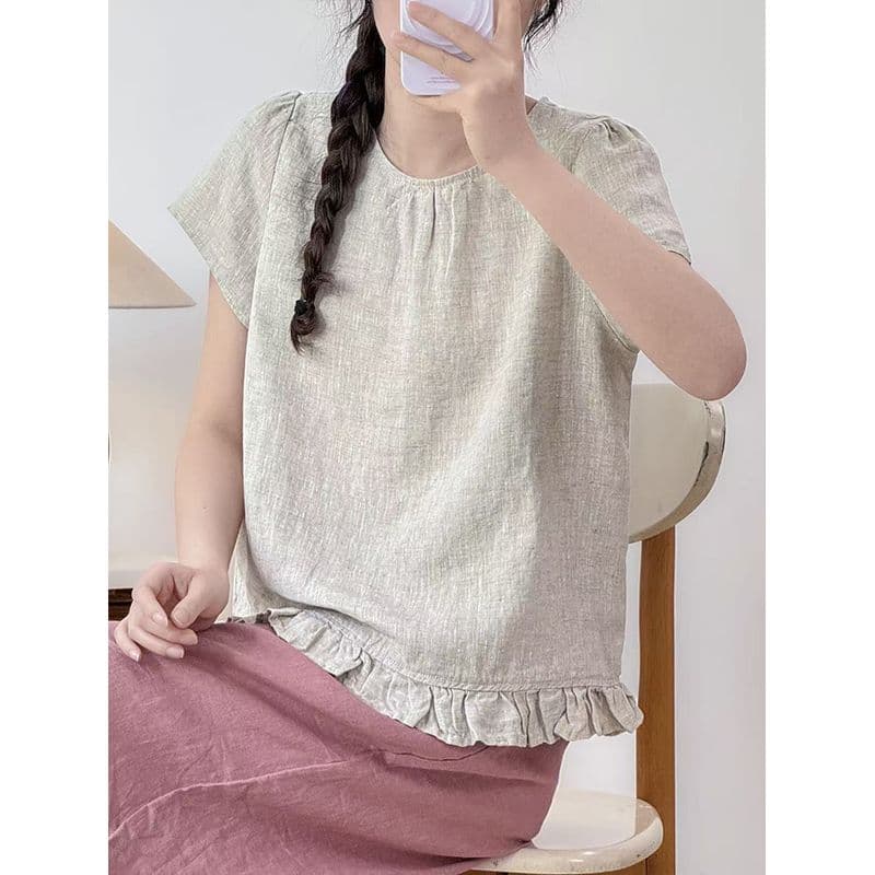 프릴 디자인 티셔츠 다용도 면 린넨 루즈핏 반팔 맨위 여성 여름 새로운 상세 이미지 5