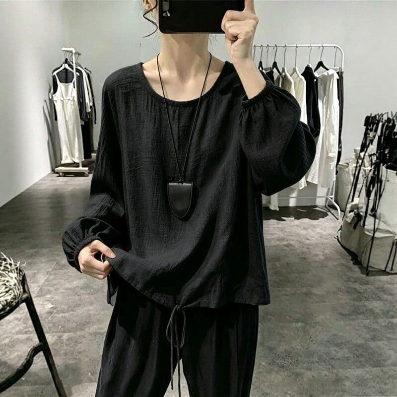 캐주얼 연령 감소 라운드 넥 펌프 로프 벌룬 소매 면 린넨 긴팔 맨위 여성 루즈핏 t 셔츠 통기성 편안함 작은 셔츠 이미지 3