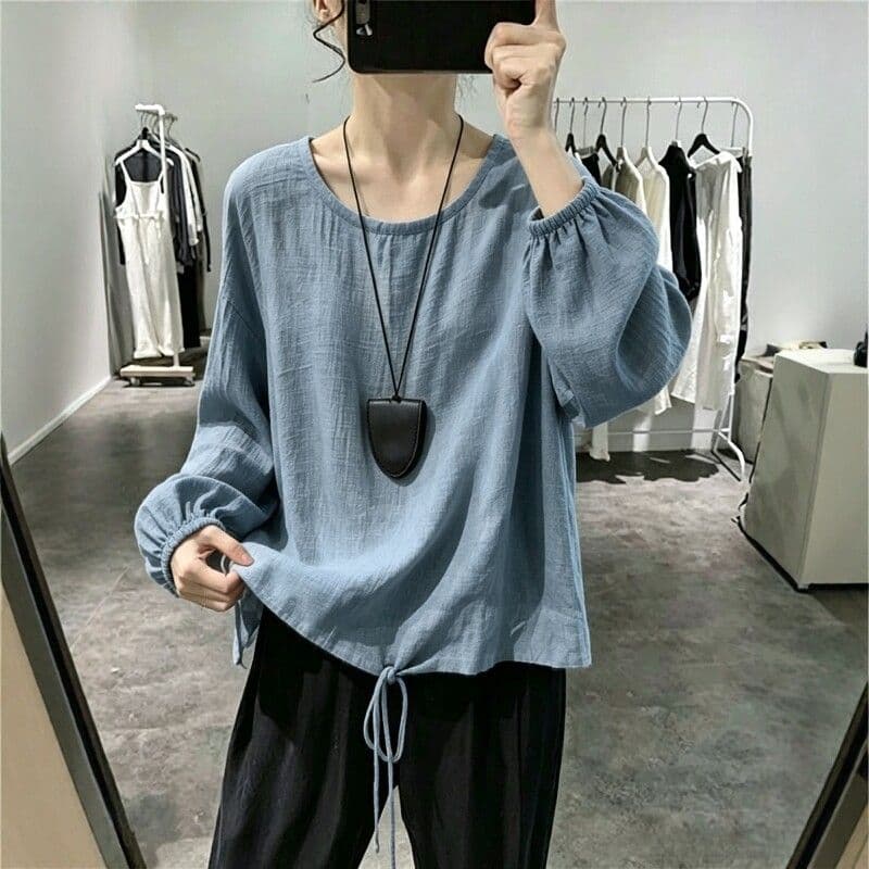 캐주얼 연령 감소 라운드 넥 펌프 로프 벌룬 소매 면 린넨 긴팔 맨위 여성 루즈핏 t 셔츠 통기성 편안함 작은 셔츠 이미지 5