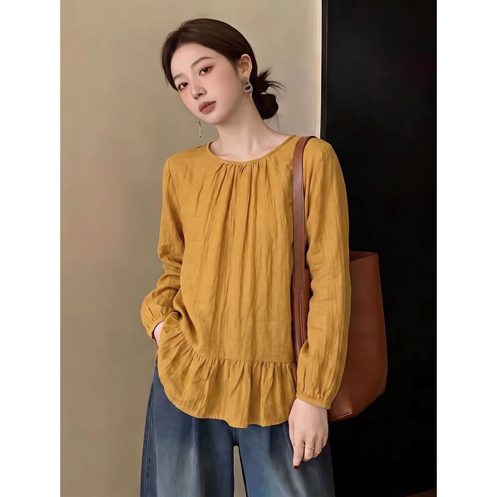 항구 바람 레트로 프릴 만나는 여성 셔츠 이른 가을 빅 사이즈 지방 mm 루즈핏 슬림해 보이는 표지 고기 연령 감소 긴팔 맨위