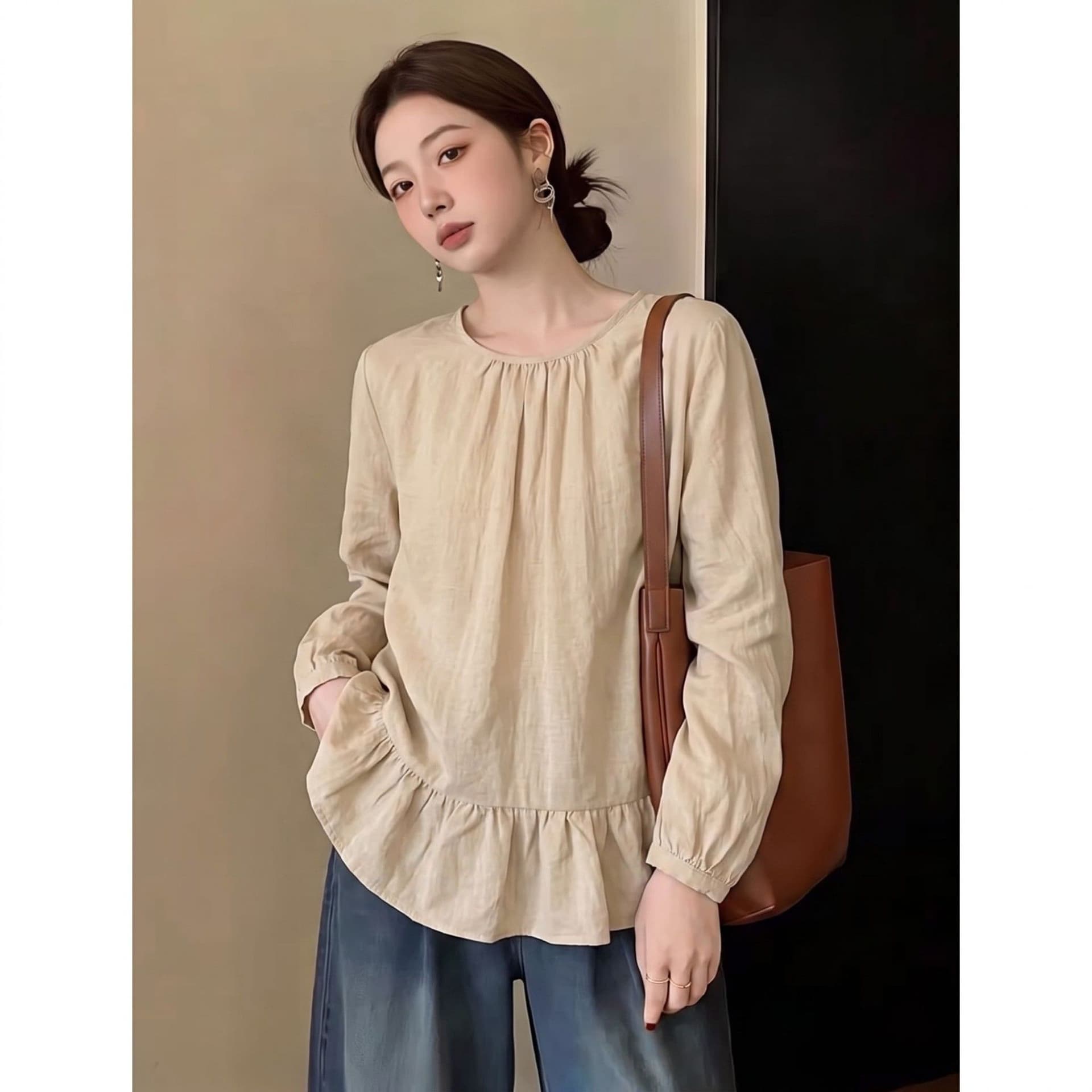 항구 바람 레트로 프릴 만나는 여성 셔츠 이른 가을 빅 사이즈 지방 mm 루즈핏 슬림해 보이는 표지 고기 연령 감소 긴팔 맨위 상세 이미지 3
