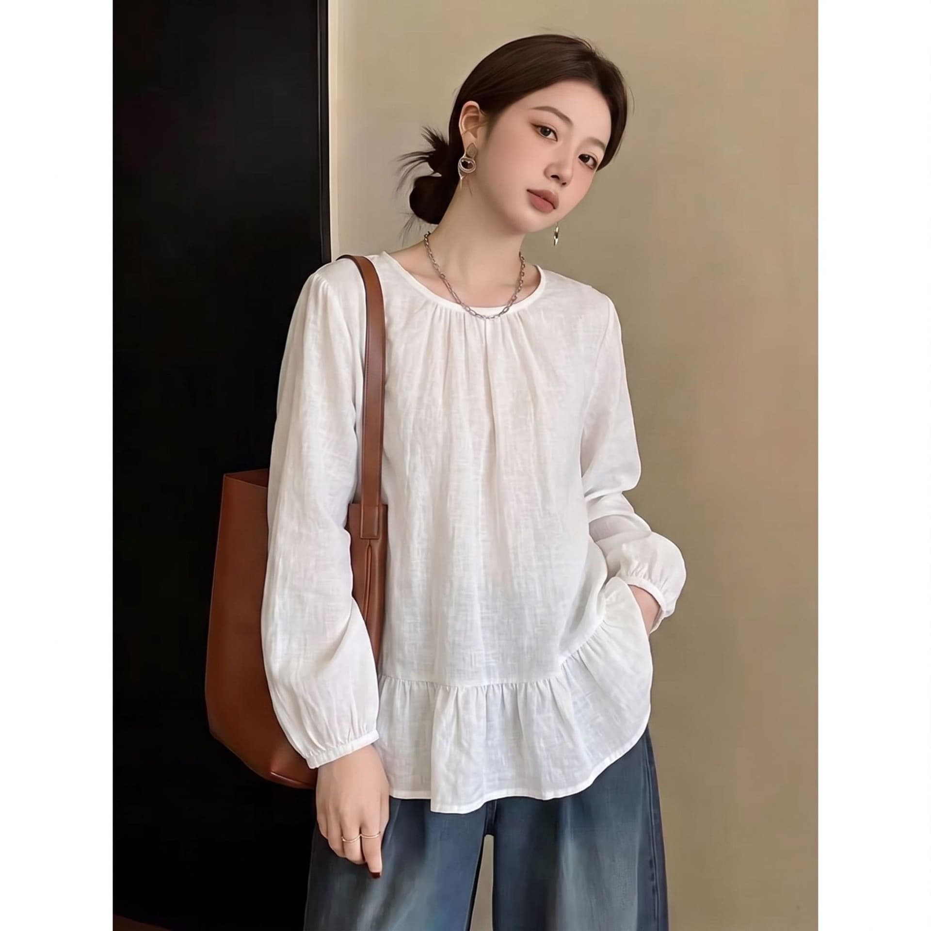 항구 바람 레트로 프릴 만나는 여성 셔츠 이른 가을 빅 사이즈 지방 mm 루즈핏 슬림해 보이는 표지 고기 연령 감소 긴팔 맨위 상세 이미지 4