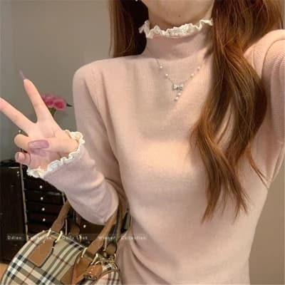 부서 프릴 레이스 조각 반하이넥 기본 셔츠 여성 봄 가을 인사이드 가져 가라. 스웨터 분말 색상 니트 맨위
