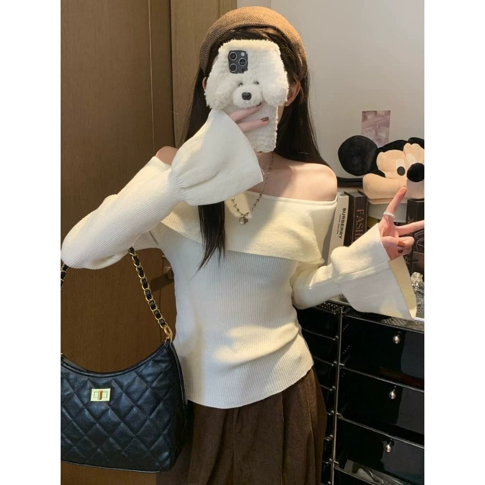 핫걸 부드러운 바람 오프숄더 나팔 소매 몸매 가꾸기 긴팔 니트 스웨터 여성 가을 겨울 다용도 기본 셔츠 오프숄더 맨위 상세 이미지 2