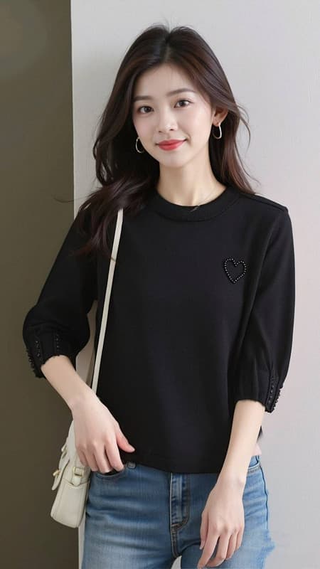 2026 년 봄 여름 새로운 한국 스타일 패션 라운드 넥 하트 비즈 박기 다용도 중간 소매 니트 맨위 여성 상세 이미지 12