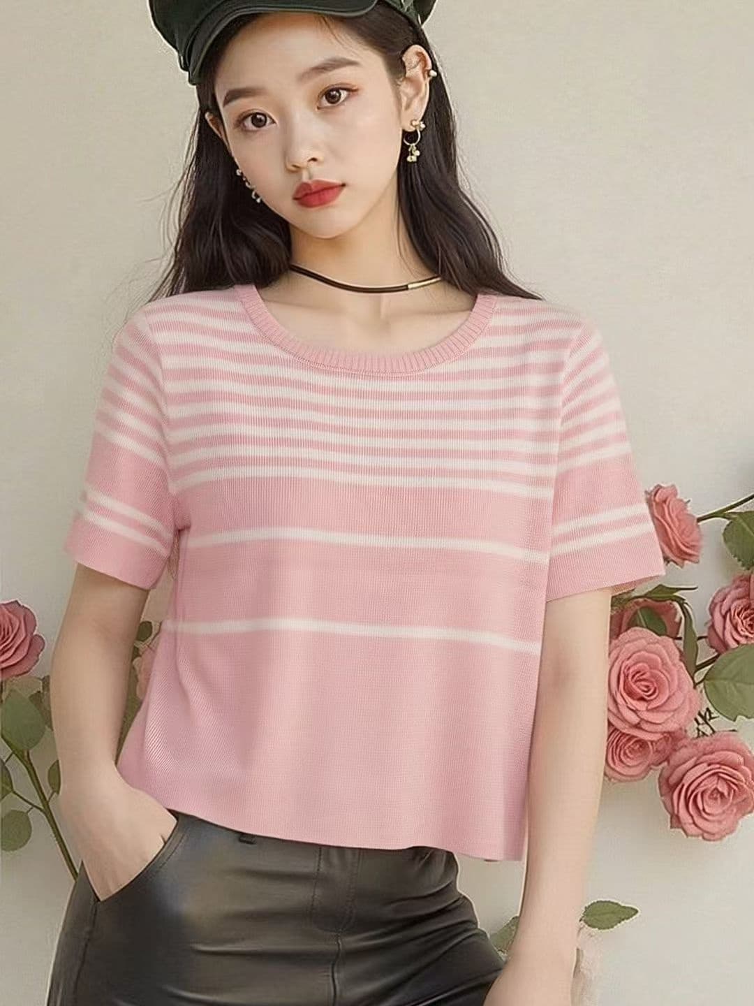 2026 년 봄 여름 새로운 패션 미니멀리즘 라운드 넥 고유 한 스트라이프 티셔츠 얼음 차가운 실크 니트 반팔 맨위 여성 이미지 2