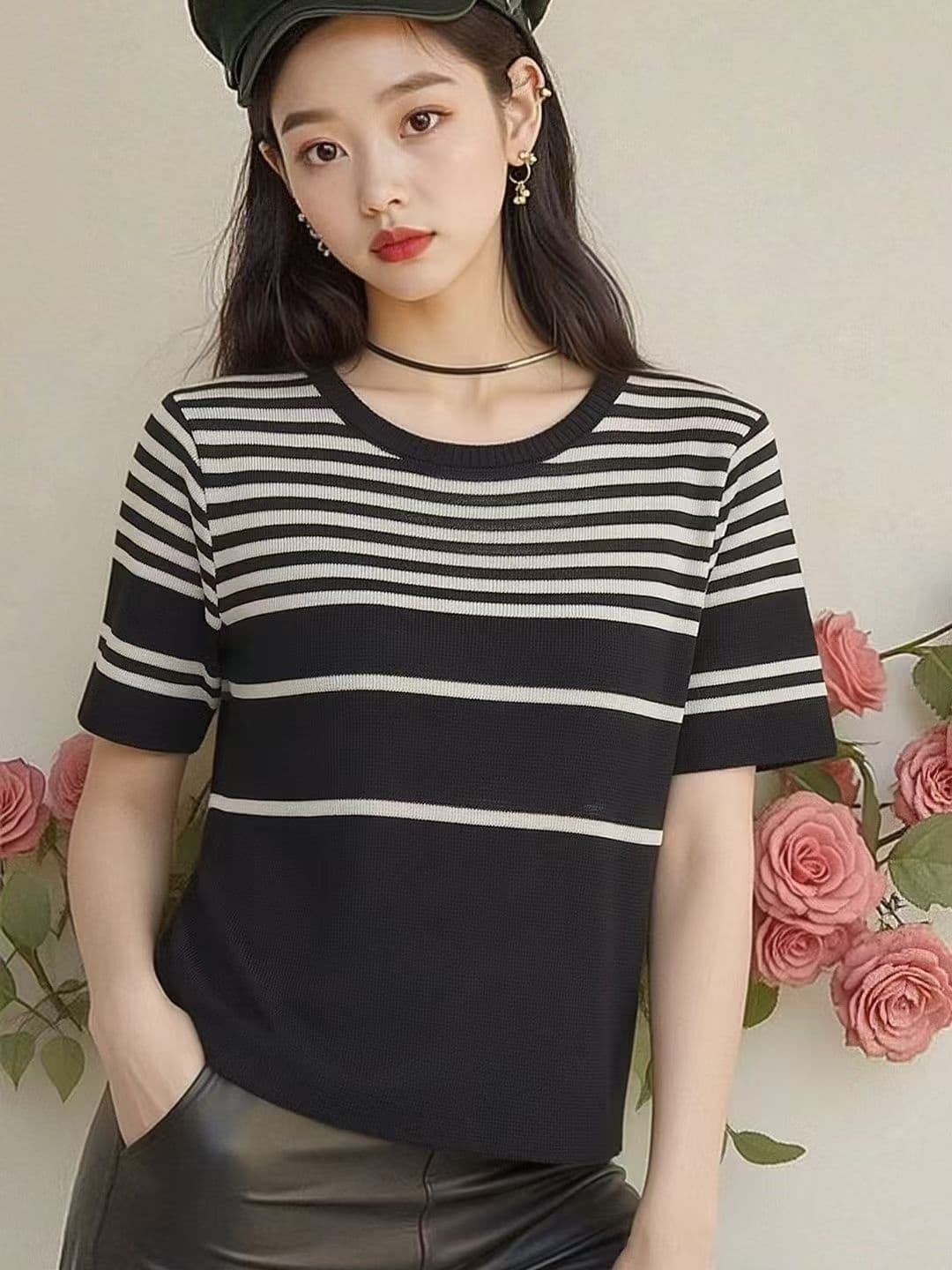 2026 년 봄 여름 새로운 패션 미니멀리즘 라운드 넥 고유 한 스트라이프 티셔츠 얼음 차가운 실크 니트 반팔 맨위 여성 이미지 3