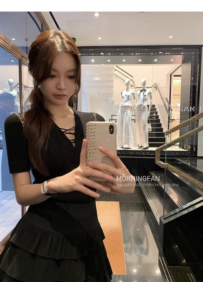 안녕하세요. 팬 팬 사용자 지정 원사 질감 센스 품격 네클라인 끈 향기로운 향 니트 반팔 여성 봄 슬림해 보이는 맨위 상세 이미지 47