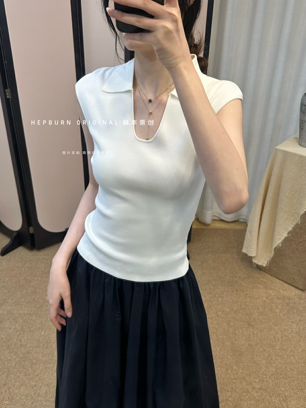 프랑스식 Feifei 소매 폴로 칼라 u 칼라 니트 얼음 실크 민소매 티셔츠 여성 여름 고유 한 슈퍼 잘 생긴 쇼트 스타일 어깨 맨위 이미지 2