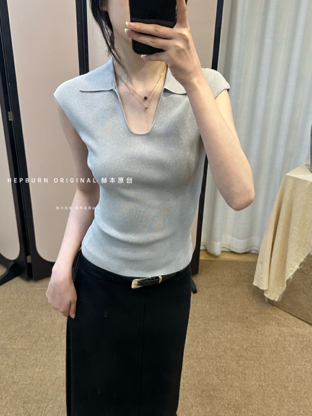프랑스식 Feifei 소매 폴로 칼라 u 칼라 니트 얼음 실크 민소매 티셔츠 여성 여름 고유 한 슈퍼 잘 생긴 쇼트 스타일 어깨 맨위 상세 이미지 9