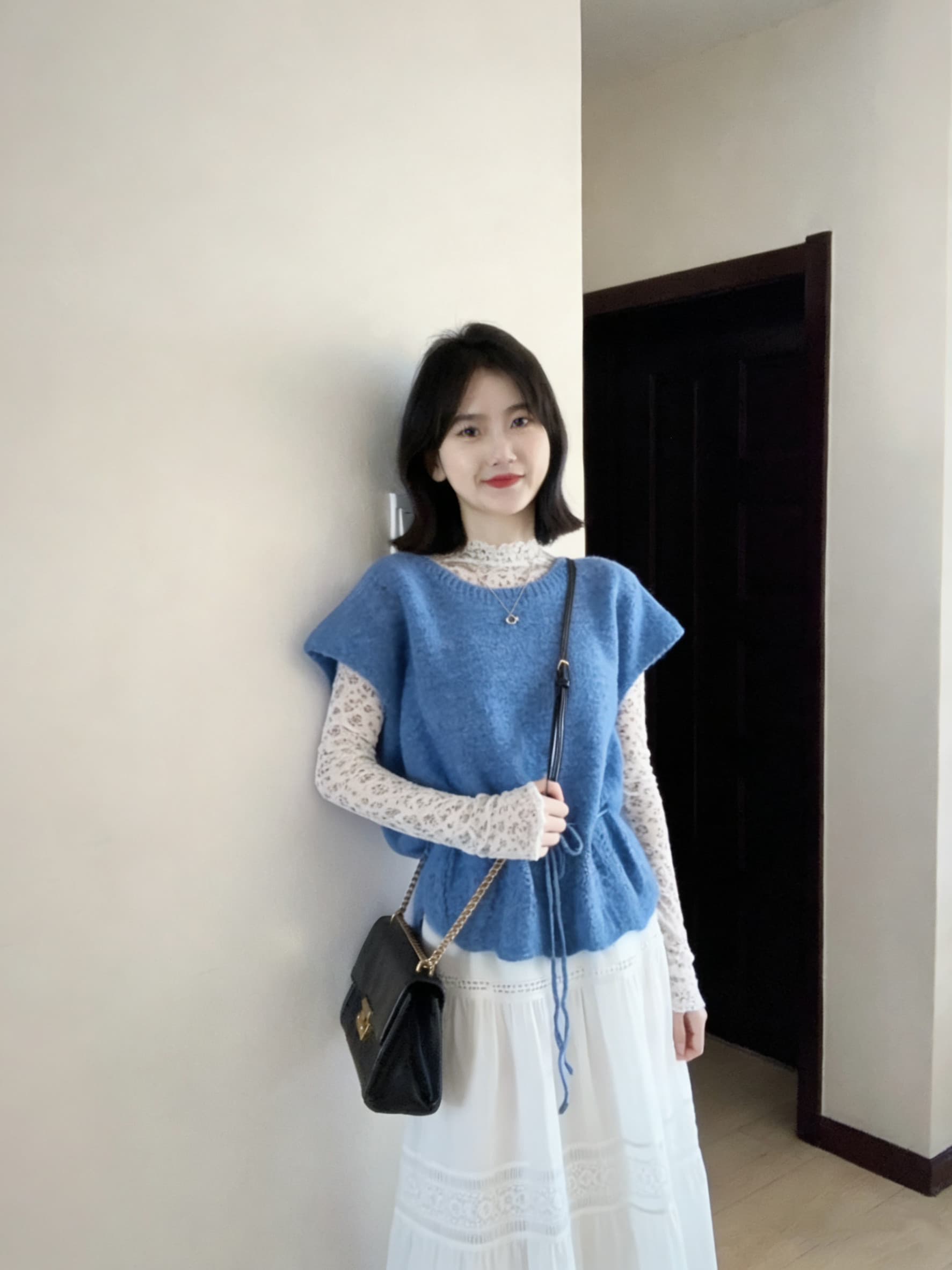 한 부서 착용 가져 가라. 파란색 펌프 로프 니트 베스트 스택 착용 꽃무늬 기본 셔츠 여성 봄 켜기 새로운 패션 다용도 세트 상세 이미지 4