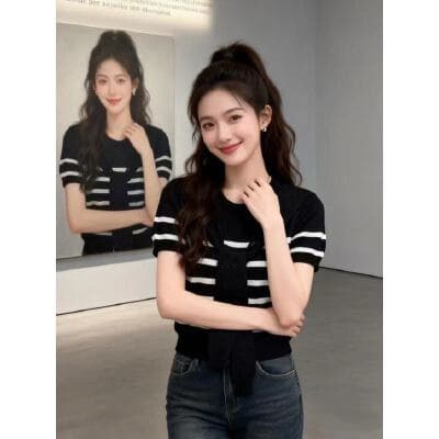 스트라이프 라운드 넥 숄 페이크 레이어드 니트 스웨터 여성 새로운 루즈핏 맨위 반팔 여성 풀오버 이미지 4