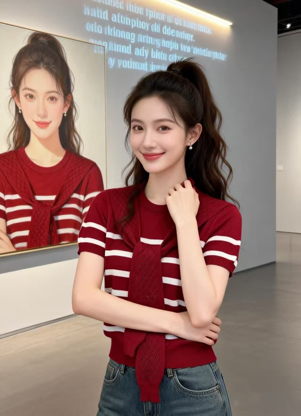 스트라이프 라운드 넥 숄 페이크 레이어드 니트 스웨터 여성 새로운 루즈핏 맨위 반팔 여성 풀오버 상세 이미지 5