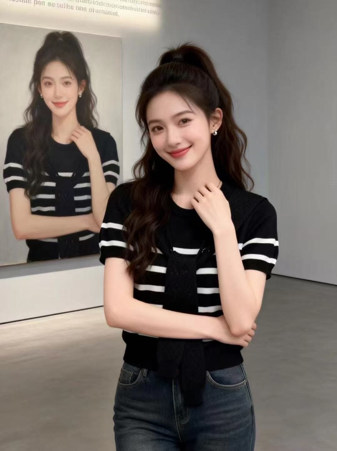 스트라이프 라운드 넥 숄 페이크 레이어드 니트 스웨터 여성 새로운 루즈핏 맨위 반팔 여성 풀오버 상세 이미지 7