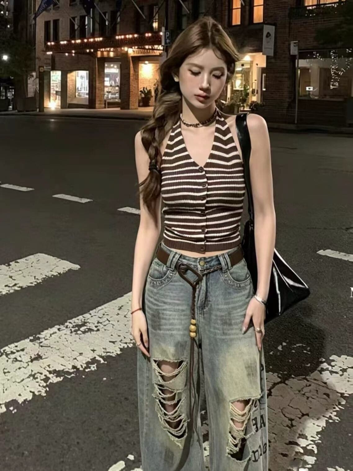 아메리칸 레트로 스트라이프 V넥 니트 조끼 여성 여름 새로운 프랑스식 품격 캐주얼 다용도 민소매 맨위 트렌디