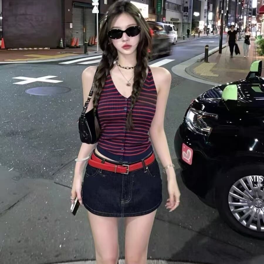 아메리칸 레트로 스트라이프 V넥 니트 조끼 여성 여름 새로운 프랑스식 품격 캐주얼 다용도 민소매 맨위 트렌디 이미지 5