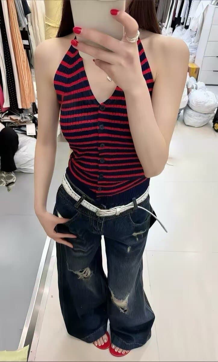 아메리칸 레트로 스트라이프 V넥 니트 조끼 여성 여름 새로운 프랑스식 품격 캐주얼 다용도 민소매 맨위 트렌디 상세 이미지 6