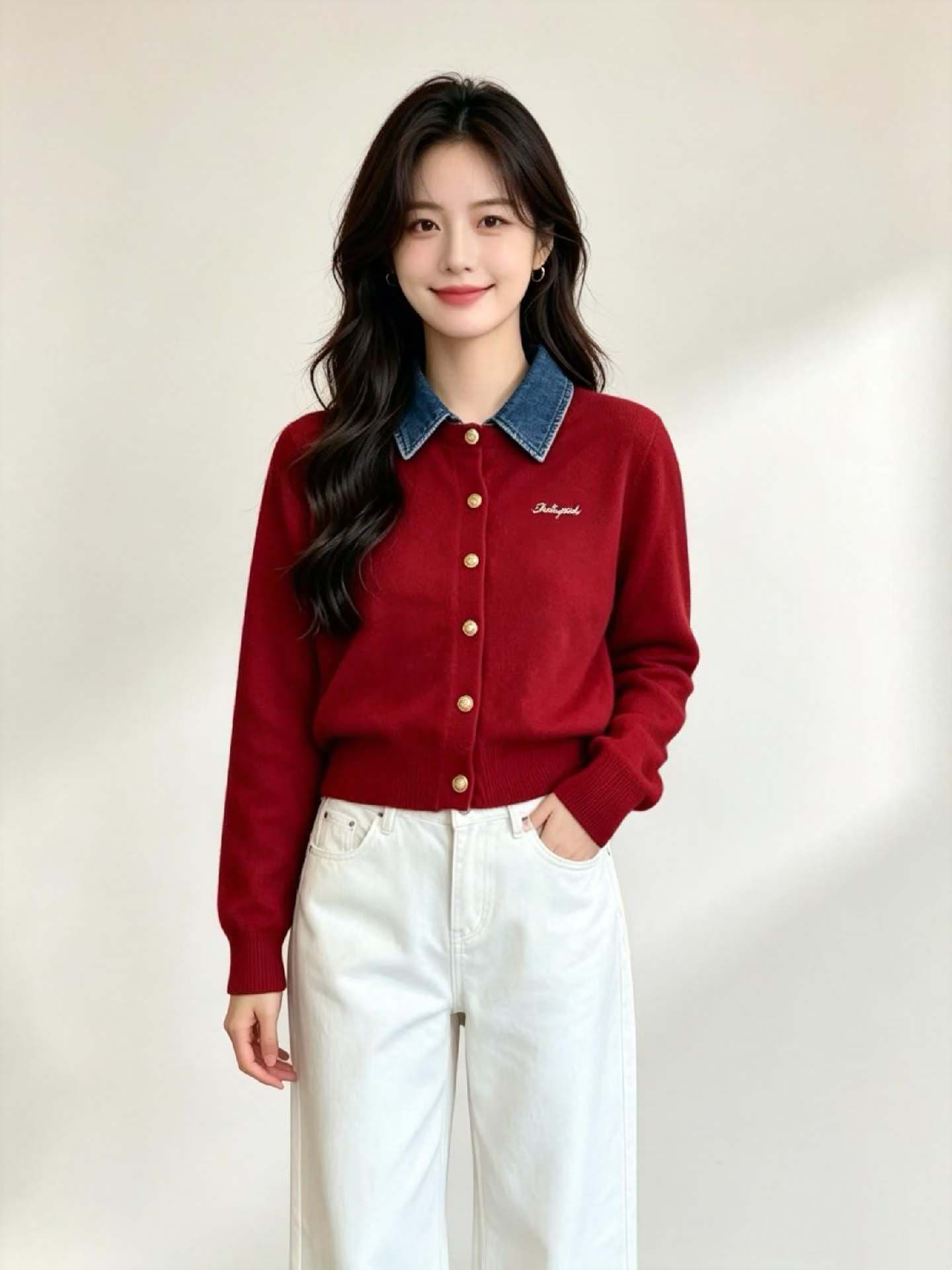 한 부서 2026 가을 패션 새로운 배색 데님 패치워크 페이크 레이어드 고급 계층의 감각 니트 스웨터 오픈 가디건 이미지 4