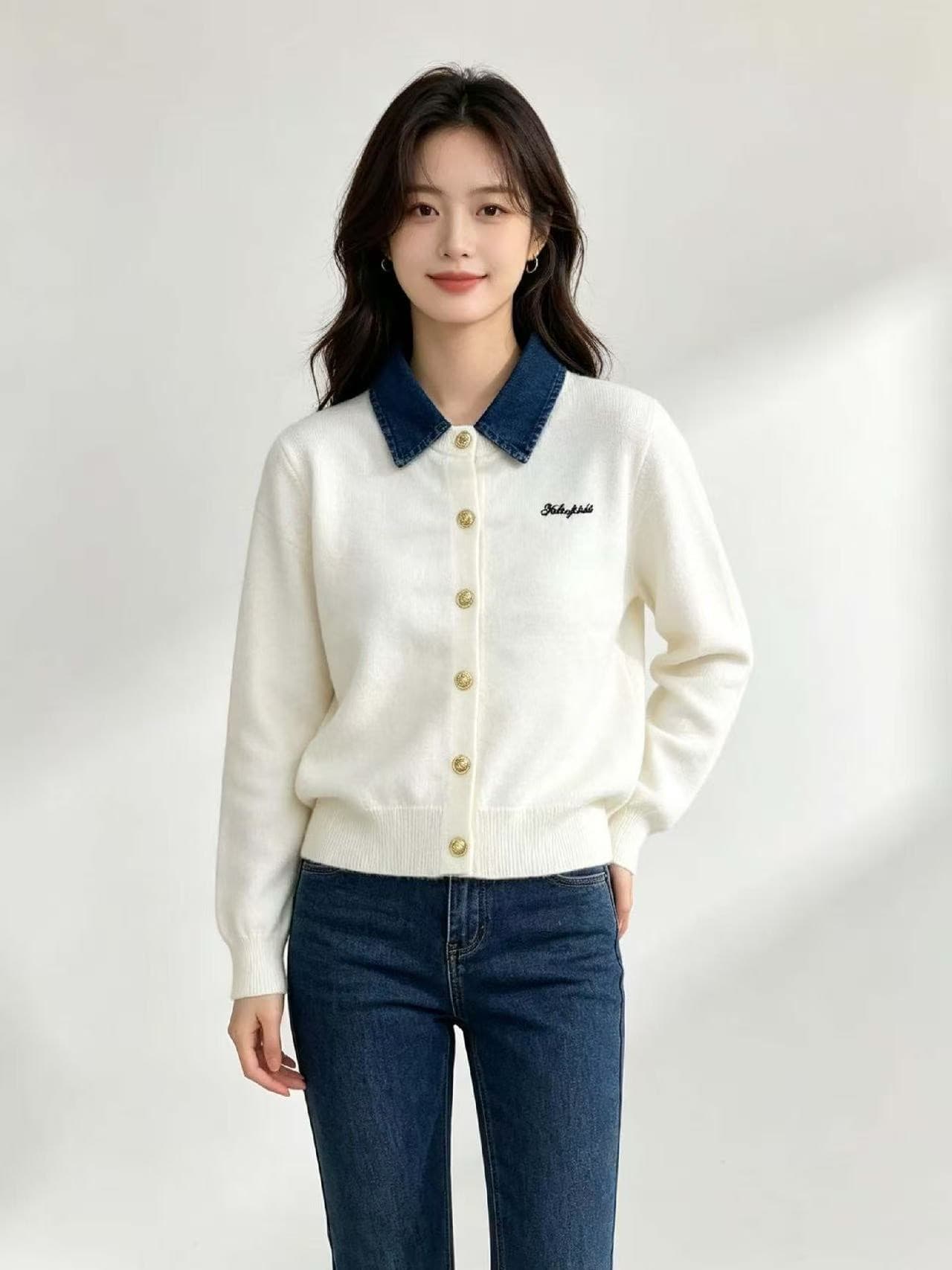 한 부서 2026 가을 패션 새로운 배색 데님 패치워크 페이크 레이어드 고급 계층의 감각 니트 스웨터 오픈 가디건 상세 이미지 2