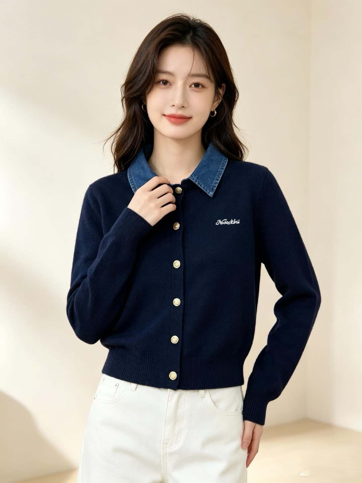 한 부서 2026 가을 패션 새로운 배색 데님 패치워크 페이크 레이어드 고급 계층의 감각 니트 스웨터 오픈 가디건 상세 이미지 3