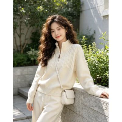 고급 센스 하프 지퍼 폴로 칼라 긍정적 인 어깨 스웨터 여자 2026 새로운 꽈배기 니트 스웨터 맨위
