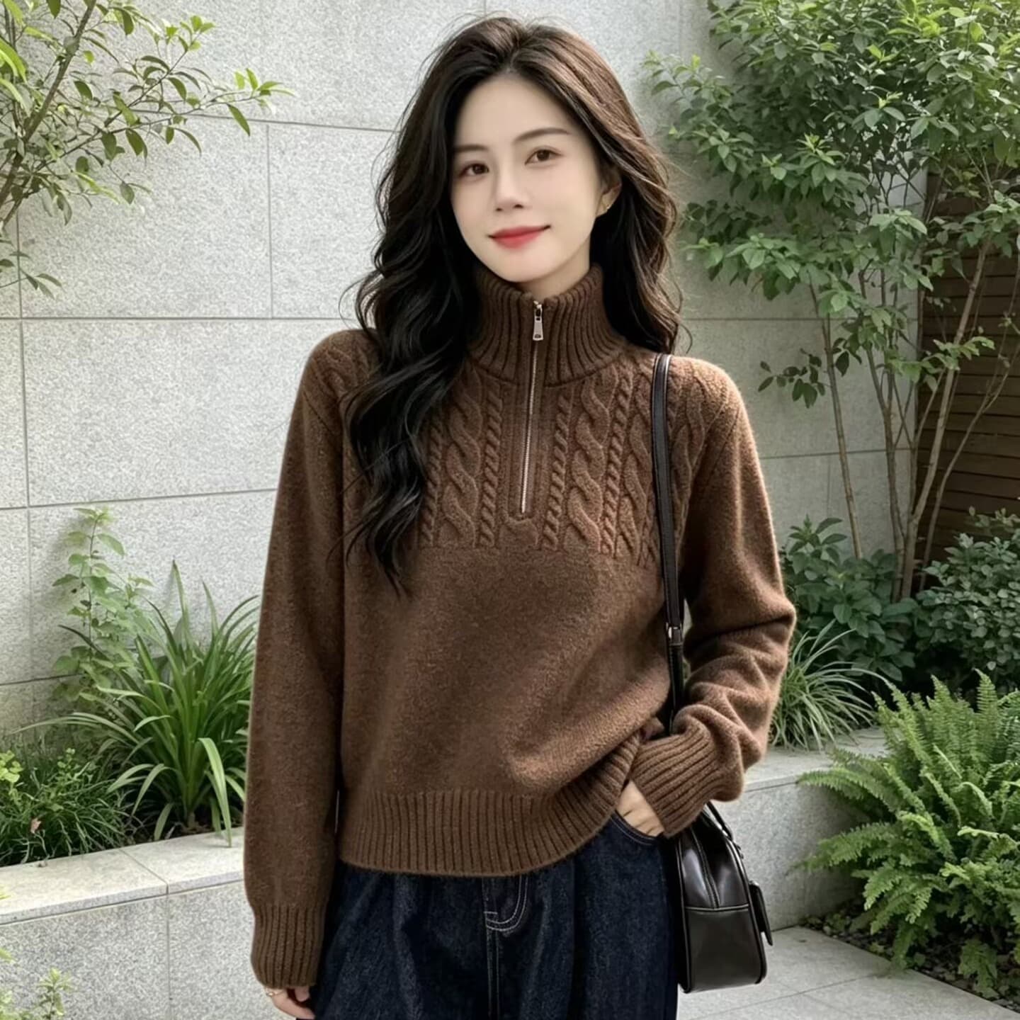 고급 센스 하프 지퍼 폴로 칼라 긍정적 인 어깨 스웨터 여자 2026 새로운 꽈배기 니트 스웨터 맨위 이미지 5
