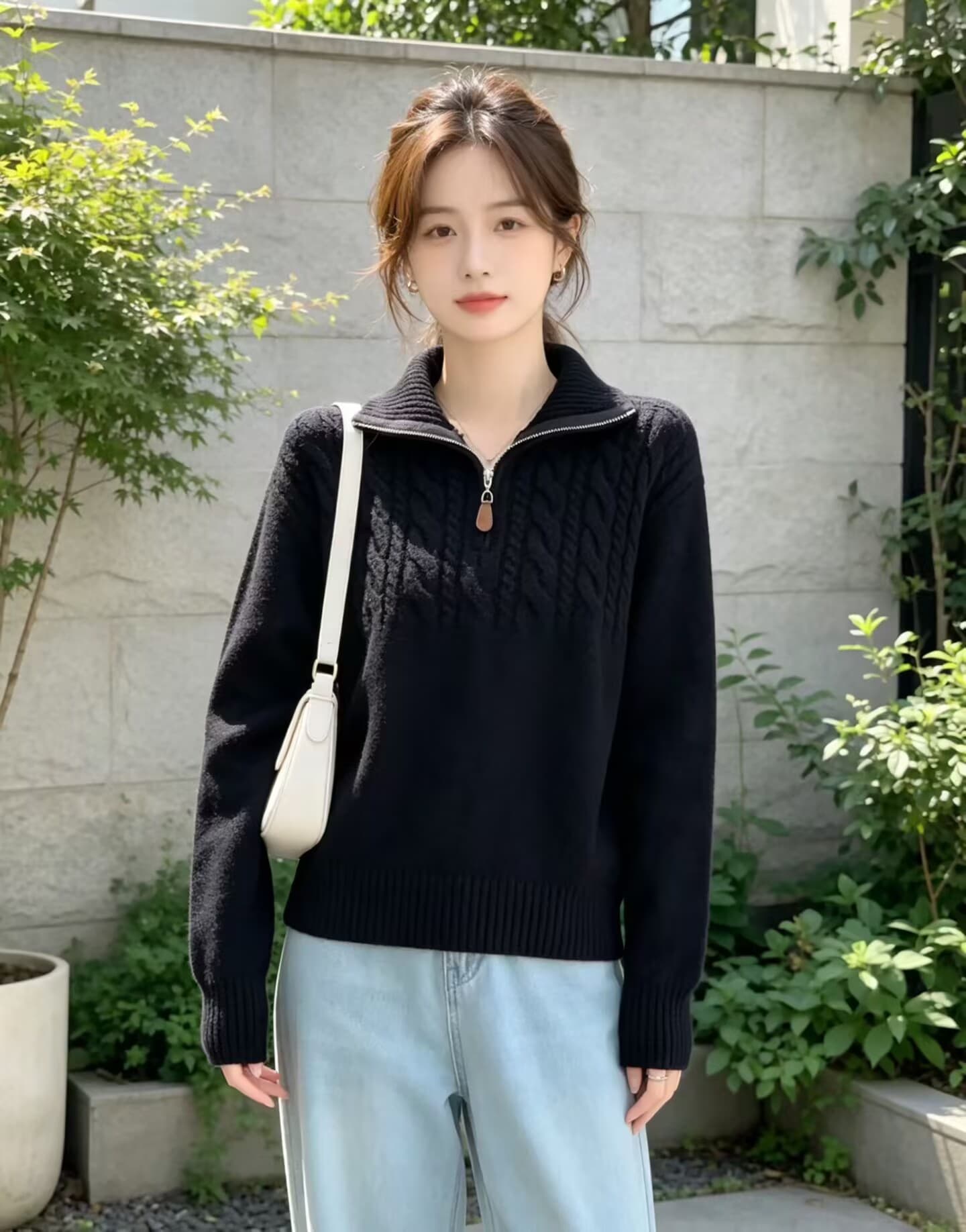 고급 센스 하프 지퍼 폴로 칼라 긍정적 인 어깨 스웨터 여자 2026 새로운 꽈배기 니트 스웨터 맨위 상세 이미지 3