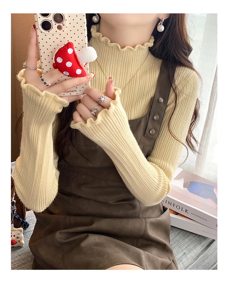 중 칼라 기본 셔츠 여성 가을 겨울 고급 센스 2026 새로운 니트 스웨터 프릴 인사이드 잡아라. 의류 반하이넥 스웨터 상세 이미지 2