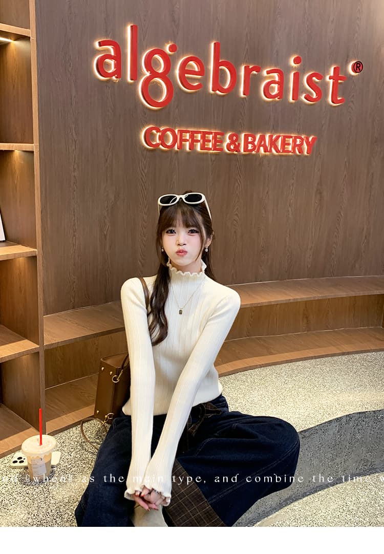 중 칼라 기본 셔츠 여성 가을 겨울 고급 센스 2026 새로운 니트 스웨터 프릴 인사이드 잡아라. 의류 반하이넥 스웨터 상세 이미지 9
