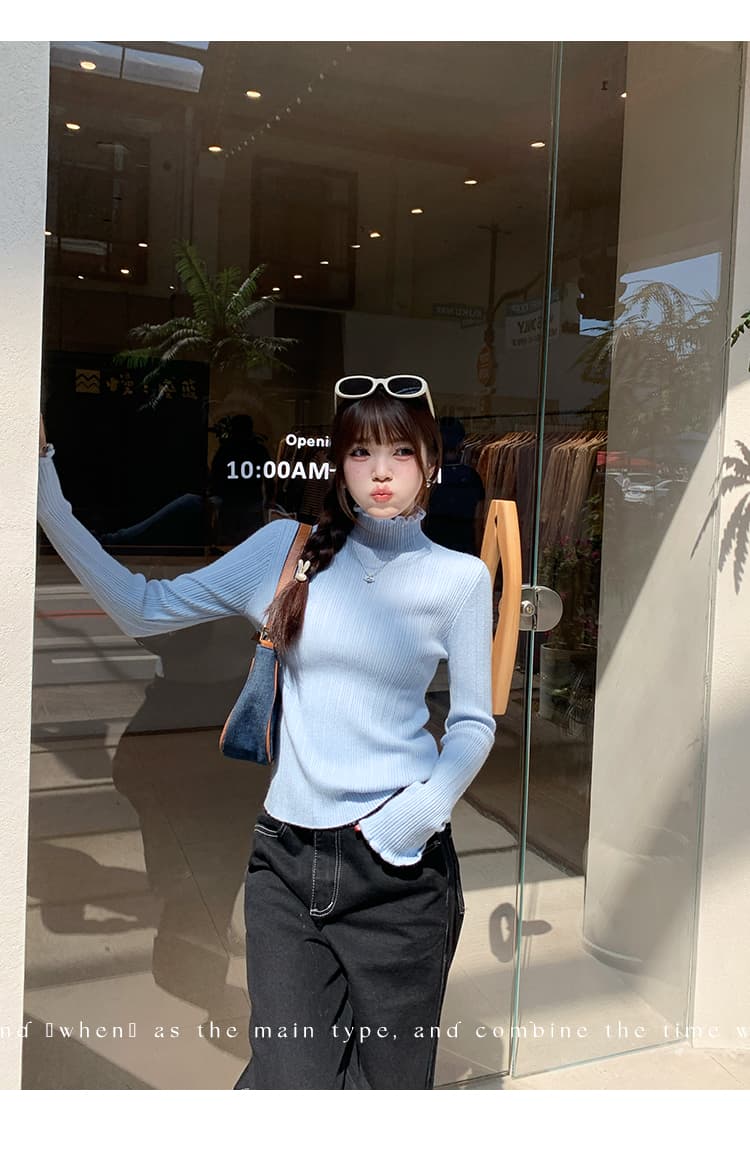 중 칼라 기본 셔츠 여성 가을 겨울 고급 센스 2026 새로운 니트 스웨터 프릴 인사이드 잡아라. 의류 반하이넥 스웨터 상세 이미지 13