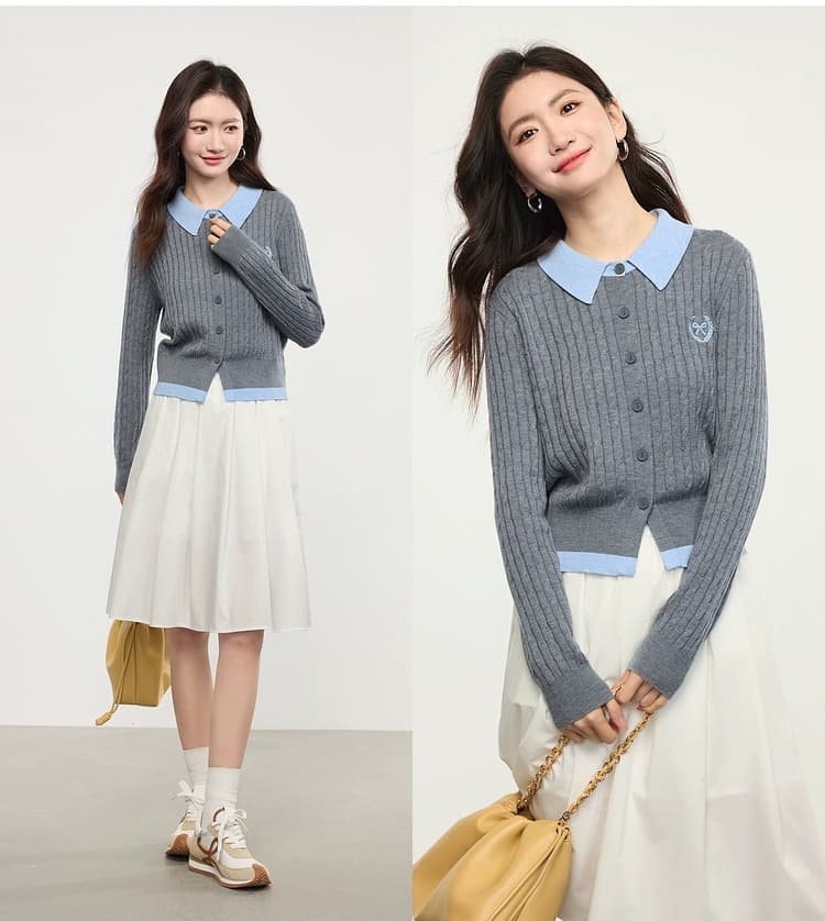 한 부서 학원 스타일 페이크 레이어드 배색 POLO 칼라 긴팔 니트 오픈 가디건 맨위 여성 의류 2026 조기 가을 새로운 상세 이미지 8