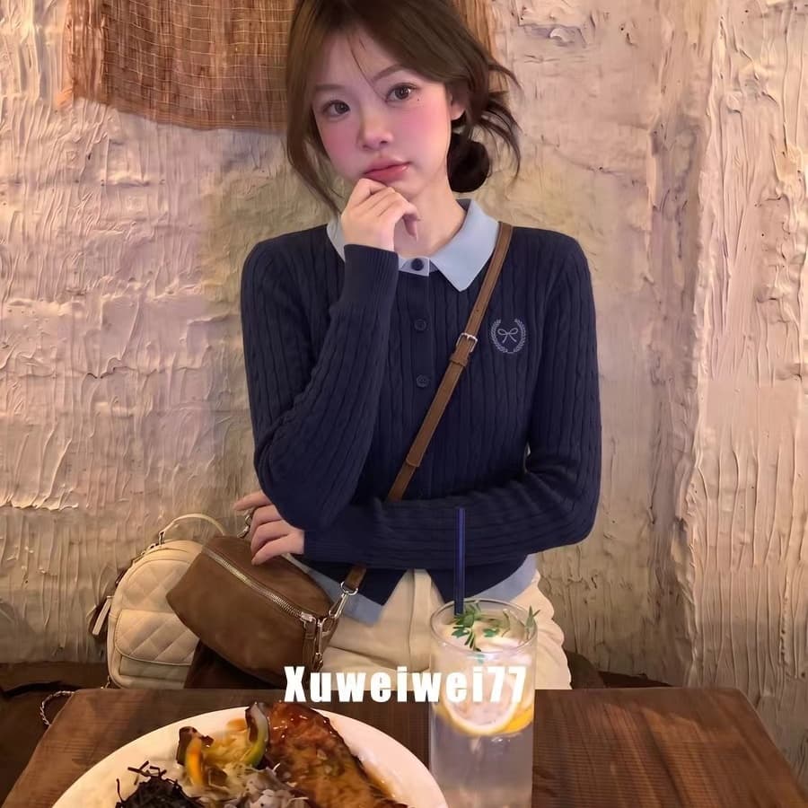 한 부서 학원 스타일 페이크 레이어드 배색 POLO 칼라 긴팔 니트 오픈 가디건 맨위 여성 의류 2026 조기 가을 새로운 상세 이미지 20
