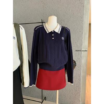 배색 POLO 칼라 트위스트 무늬 니트 스웨터 만나는 스웨터 여자 가을 겨울 캐주얼 긴팔 루즈핏 슬림해 보이는 인사이드 잡아라. 의류 이미지 2