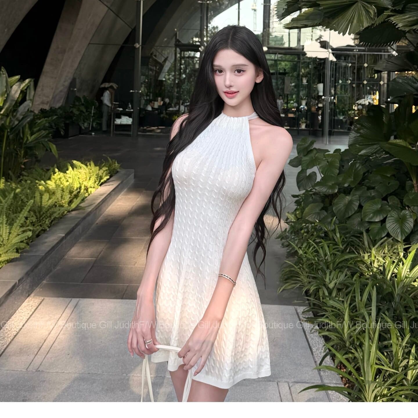 한 비 지아 화이트 행침 목 레이스업 꽈배기 허리 수축 여성 드레스 여름 민소매 새는 어깨 슬림해 보이는 우산 진자 한 마디 치마 상세 이미지 8