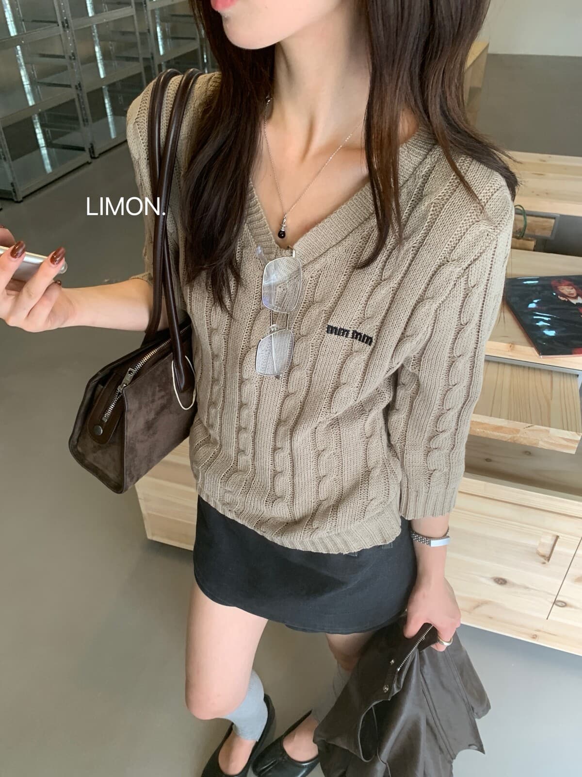 the limon 레몬 녹차 한 부서 품격 V넥 트위스트 꽃 자수 다용도 니트 스웨터 여성 중간 소매 맨위 가을 상세 이미지 26