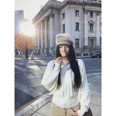 서주 장 챕터 특히 리 서울 느긋한 바람 스트라이프 V넥 긴팔 니트 스웨터 절묘한 몸매 가꾸기 허리 수축 슬림해 보이는 맨위 여성 상세 이미지 1