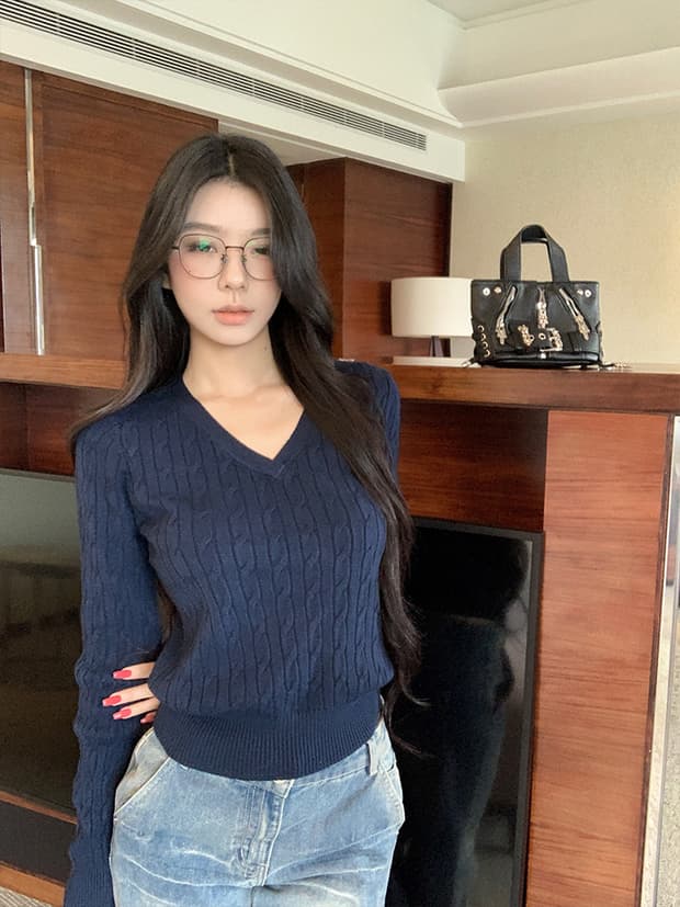 mosesqueen 마술 웨스트 여왕 검정색 꽈배기 니트 스웨터 여성 가을 겨울철 인사이드 가져 가라. 스웨터 몸매 가꾸기 V넥 맨위 이미지 3